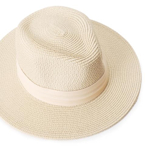 DRESHOW Women Straw Panama Hat Travel Fedora Beach Sun Hat Summer Wide Brim Straw Roll up Hat UPF 50+ - color: Panama Straw Hat: Beige (Beige Ribbon)