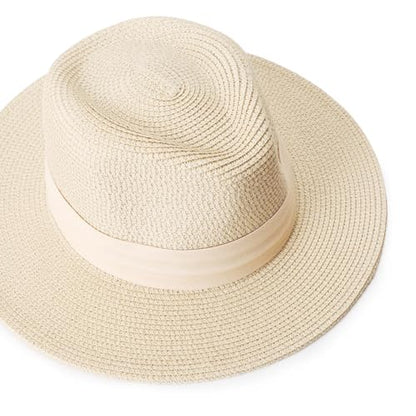 DRESHOW Women Straw Panama Hat Travel Fedora Beach Sun Hat Summer Wide Brim Straw Roll up Hat UPF 50+ - color: Panama Straw Hat: Beige (Beige Ribbon)