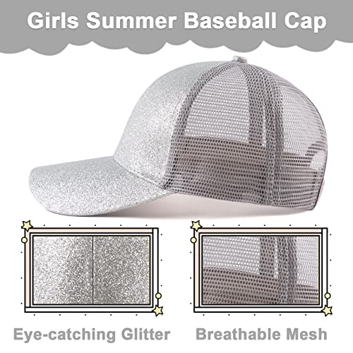 Zsedrut Girls Glitter Baseball Cap Kids Adjustable Ponytail Hat Toddler Summer Mesh Trucker Hats - color: Silver