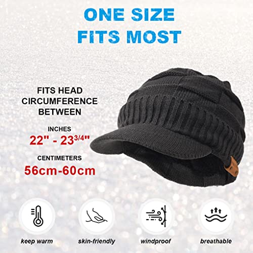 Ruphedy Mens Beanie with Brim Winter Hat Knitted Thick Fleece Visor Beanie - color: B322-grey
