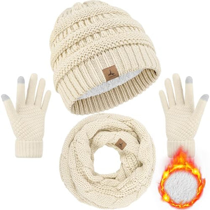 LOROME Winter Beanie Hat Scarf Gloves, Warm Fleece Knit Neck Scarf Set Gift - color: Beige
