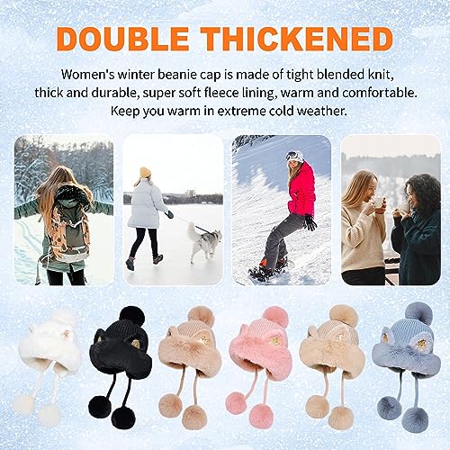 Fluffy Knit Beanie Hats for Women Winter Warm Fleece Lining Skull Cap Plush Faux Fur Pompom Earflaps Snow Hats - color: Beige - B