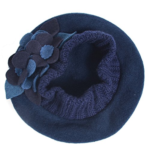 VECRY Lady French Beret 100% Wool Beret Floral Dress Beanie Winter Hat - color: Floral-navy