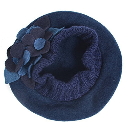VECRY Lady French Beret 100% Wool Beret Floral Dress Beanie Winter Hat - color: Floral-navy