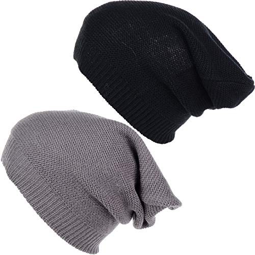 an Unisex Striped Knit Slouchy Beanie Hat Lightweight Soft Fashion Cap - color: 5104-2pk-charc