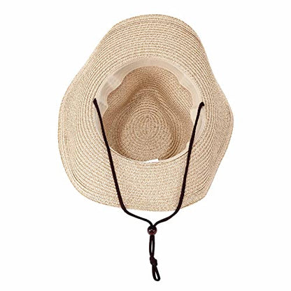 Straw Cowgirl Hat for Women Cowboy Hats for Men Wide Brim Sun Hat Shapeable Western Hat Beach Hat - color: Beige+brown