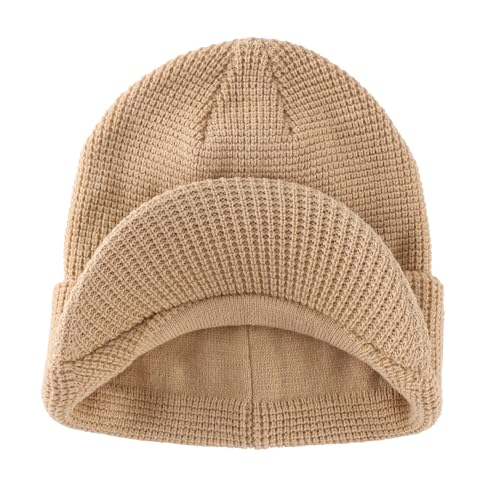 Home Prefer Mens Wool Blend Winter Hat Double-Layer Warm Knit Pre-Curve Visor Beanie Brimmed Beanies Hat for Men Women - color: Khaki