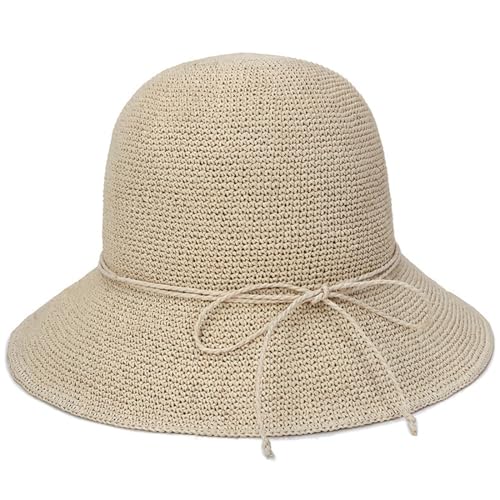 Straw Bucket Hats for Women Beach Sun Hat Foldable Packable Handmade Sun Protection Floppy Travel - color: Beige-brim3.9"