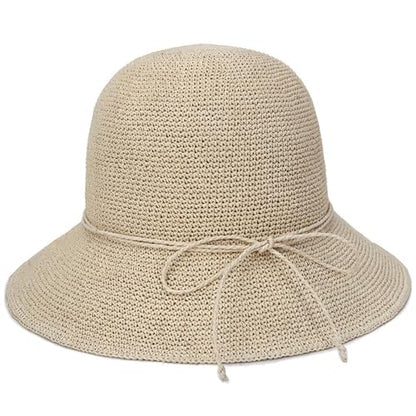 Straw Bucket Hats for Women Beach Sun Hat Foldable Packable Handmade Sun Protection Floppy Travel - color: Beige-brim3.9"