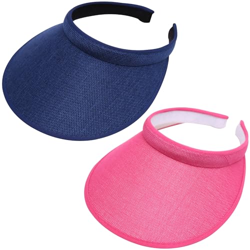 2 Pack Wide Brim Sun Visor Hats Women Men Large Clip-on Visors Hat UV Protection Outdoors Sports Golf Beach Cap - color: Navy+hot Pink