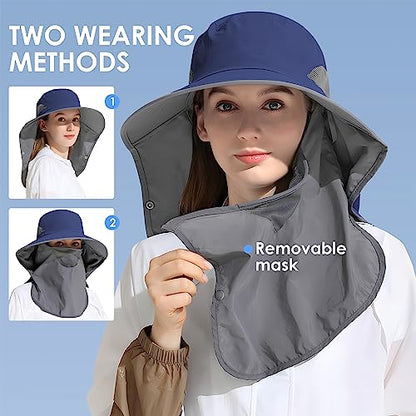 Outdoor Sun Hat Detachable Neck Face Flap UPF 50+UV Protection Visor Fishing Hats with Neck Flap for Men & Women - color: Navy