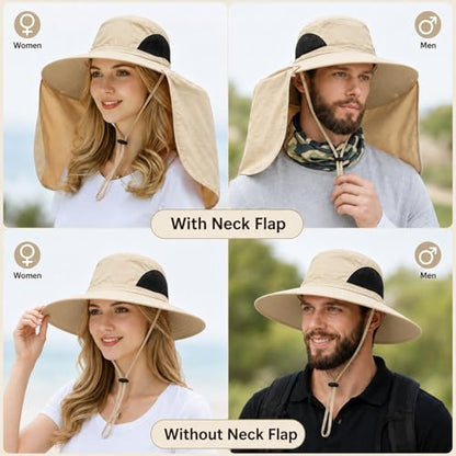 HUAMULAN Women Men Wide Brim Sun Hat Hiking Fishing Hats with Neck Flap - color: Yq005-beige