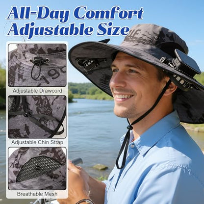 Hat with Fans Solar Power, UPF 50+ Wide Brim Sun Hat, Fishing Essentials for Hiking Beach Summer Safari - color: Light Grey
