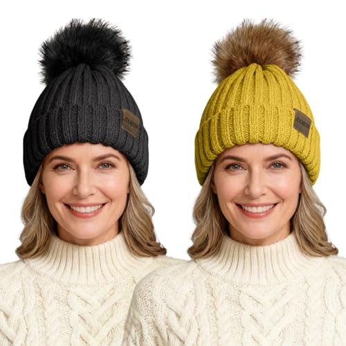 ZOORON Beanies for Womens Winter Knitted Beanies Hats with Faux Fur Pom Warm Knit Skull Cap - color: 2pack-black+yellow