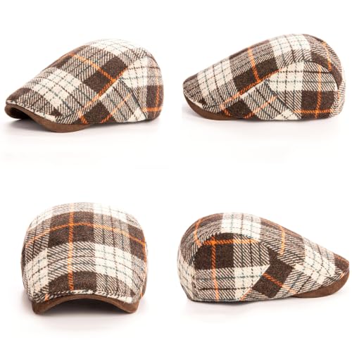 Men Wool Blend Flat-Top Tweed Newsboy Hat/Ivy Cap/Adjustable Plaid Driver's Hat - color: Coffee