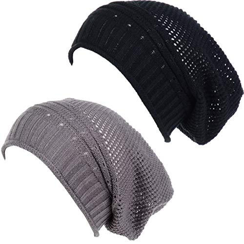 BYOS Women's Airy Cool Lightweight Cutout Long Slouchy Crochet Knit Beanie Hat - color: 2 Pack-net Charcoal Gray & Bk