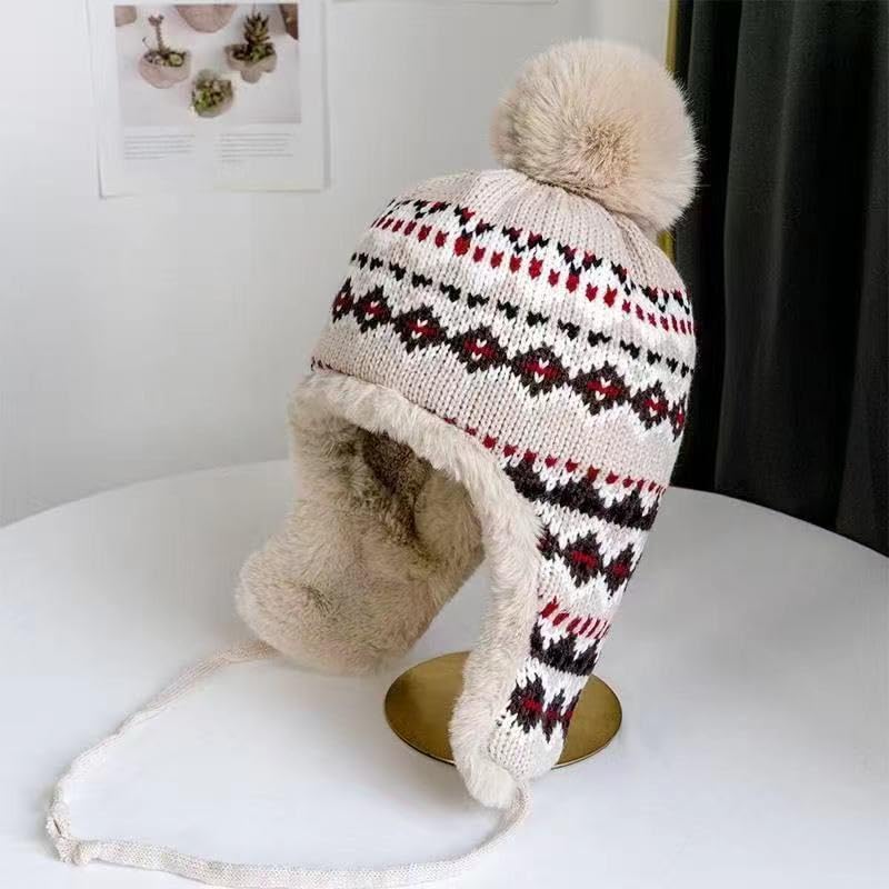 haozaikeji Women Winter Trapper Hat Faux Fur Knit Beanie Hat Thermal Earflap Outdoor Cap Pompom Hats Ushanka Hats - color: Beige