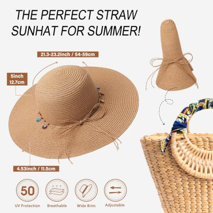 Sun Hats for Women, UPF 50+ Sun Protection, Beach Hat with Wide Brim - color: Khaki - Shell