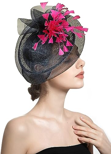 ORIDOOR Women Fascinators Derby Church Tea Party Wedding Flower Feathers Headpiece with Headband Clips - color: 03-black + Rose