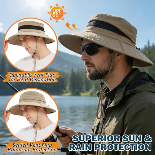 Men's UPF 50+ Waterproof Wide Brim Boonie Hat, Sun & Rain Protection - color: Camel