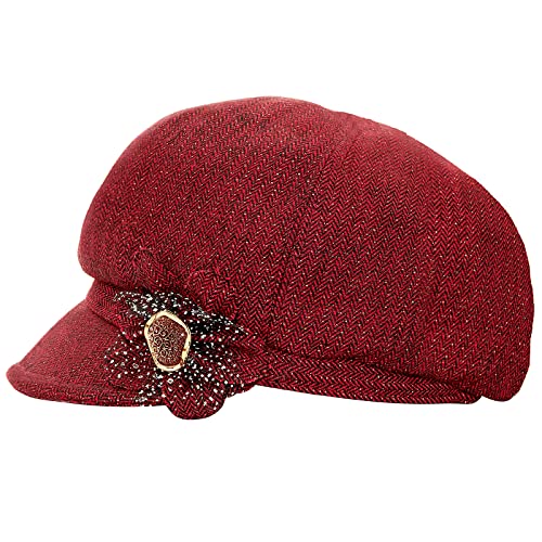 Women Retro Classic Visor Newsboy Cabbie Cap Beret Hats with Flower Buckle for Woman Ladies - color: 1red