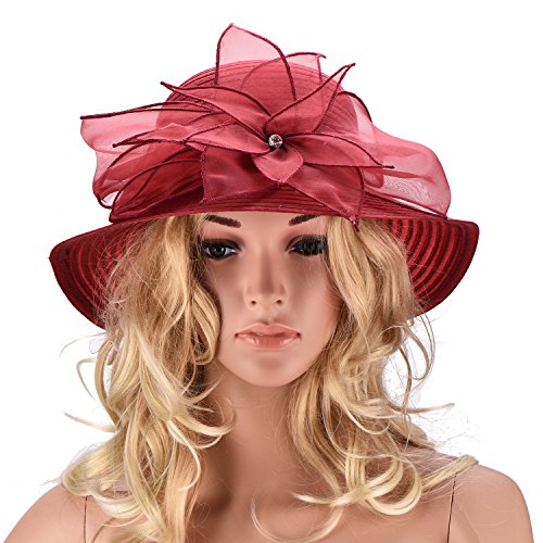 Womens Wedding Occasion Floral Wide Brim Church Dressy Sun Hat A323 - color: Wine