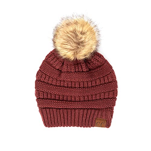 C.C Fur Pom Winter Fall Trendy Chunky Stretchy Cable Knit Beanie Hat - color: Solid Monaco