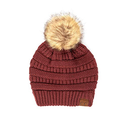 C.C Fur Pom Winter Fall Trendy Chunky Stretchy Cable Knit Beanie Hat - color: Solid Monaco