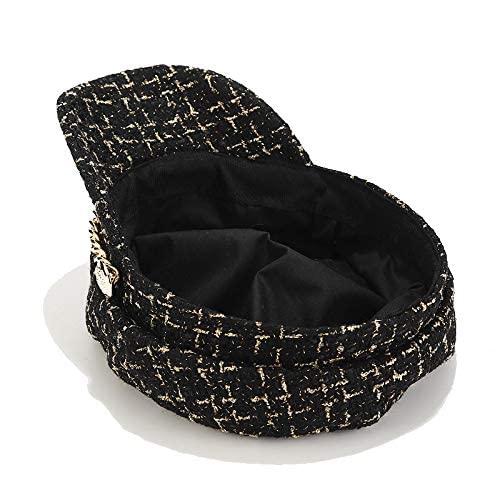 Women Plaid-Tweed Newsboy-Baker-Boy Hat Captain-Sailor Fisherman Hat Peaked-Beret with Chain - color: Black