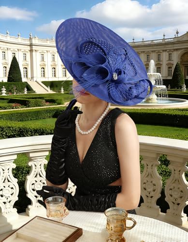 Unpifolov Fascinators Hats Elegant Women Flower Mesh Feathers Wedding Cocktail Bride Headband for Derby Hat Tea Party - color: Royal Blue