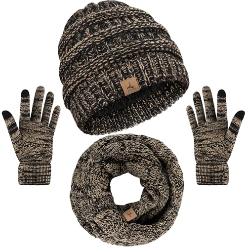 LOROME Winter Beanie Hat Scarf Gloves, Warm Fleece Knit Neck Scarf Set Gift - color: Beige Black Mix