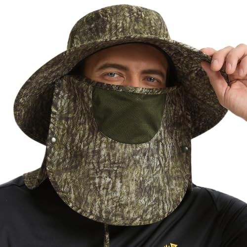 BASSDASH UPF 50+ Breathable Sun Hat with Removable Face Cover and Neck Flap Wide Brim Bucket Hat for Fishing Hiking Men Women - color: Moss Wood