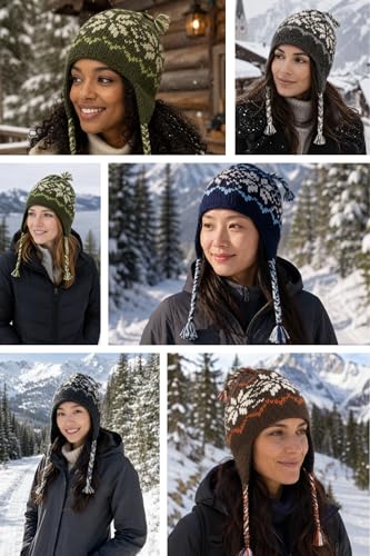 THE COLLECTION ROYAL Woolen Fleece Lined Fair Isle Knitted String Ear Flap Beanie Sherpa Christmas Beanie Hat - color: Grey