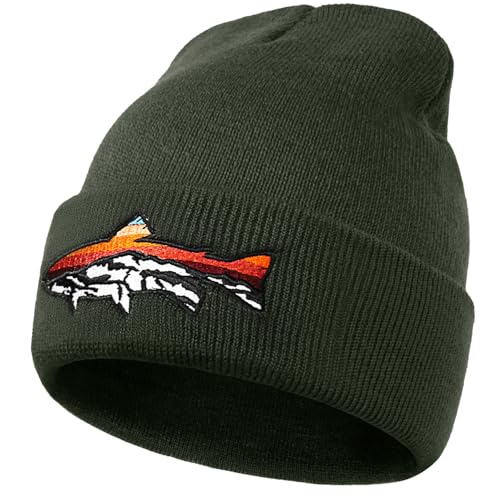 Knit Winter Beanie Hats for Men Women Cuffed Skull Cap with Mountain Embroidery Outdoor Christmas & New Year Gifts - color: Fish/Forest