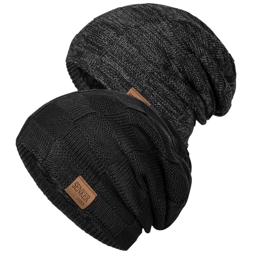 Senker Fashion 2 Pcs Winter Slouchy Beanie Hats for Men, Warm Mens Beanies - color: Black Dark Black