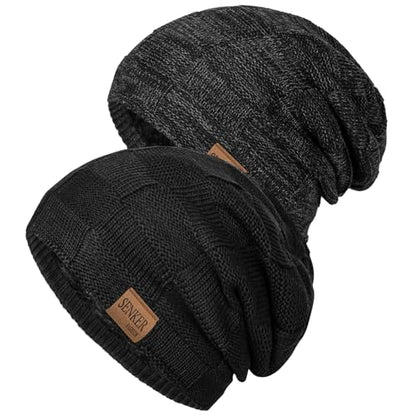 Senker Fashion 2 Pcs Winter Slouchy Beanie Hats for Men, Warm Mens Beanies - color: Black Dark Black