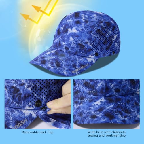 BASSDASH UPF 50+ Fishing Hat, Baseball Cap with Removable Neck Flap - color: Blue Camo With Unfoldable Brim