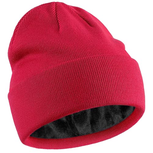 Fleece Lined Wool Beanie Hat Men Women, Warm Cuffed Winter Cap - color: Red