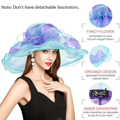 2026 Derby Hats for Women Ladies, Classy Organza Sun Hat, Church Tea Party Wedding Kentucky Fascinator Hat - color: J-2462-purple-blue