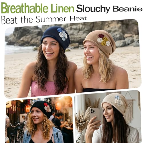 Ababalaya Breathable Cotton Linen Slouchy Beanie Hat for Women - color: Black