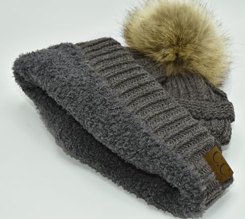 C.C Trendy Fuzzy Fleece Lined Warm Comfortable Soft Stretch Cable Knit Ribbed Faux Fur Pom Pom Beanie Hat - color: Earth Grey