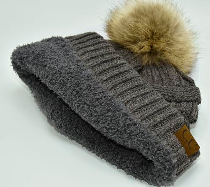 C.C Trendy Fuzzy Fleece Lined Warm Comfortable Soft Stretch Cable Knit Ribbed Faux Fur Pom Pom Beanie Hat - color: Earth Grey