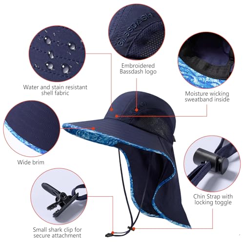 BASSDASH UPF 50+ Unisex Water Resistant Wide Brim Sun Hat with Large Neck Flap Ponytail Fishing Hat for Men Women - color: Navy Blue/Ripple