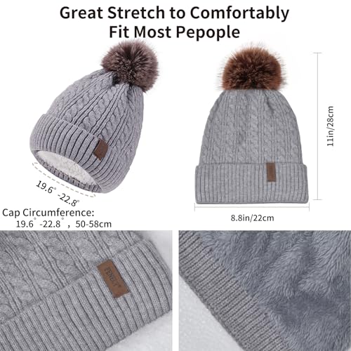 Winter Hat Scarf Gloves Set for Women, Classic Cable Beanie with Removable Pom Pom Long Scarf Touchscreen Gloves 3 in 1 Set - color: Grey