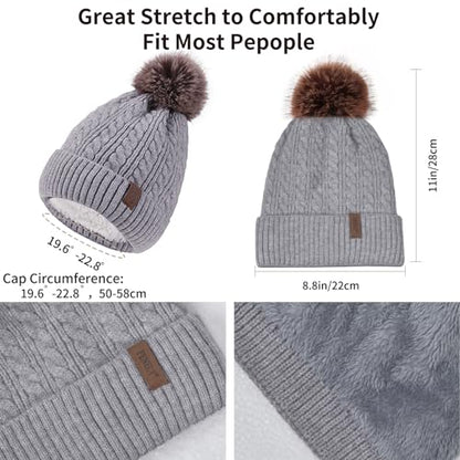 Winter Hat Scarf Gloves Set for Women, Classic Cable Beanie with Removable Pom Pom Long Scarf Touchscreen Gloves 3 in 1 Set - color: Grey
