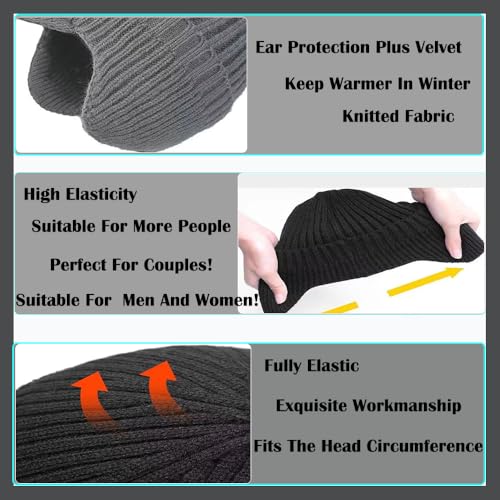 JHDESSLY Knit Beanies with Visor & Earflaps for Men and Women, Winter Hats Fleece Lined Hat Stocking Caps Soft Warm Headwear - color: Black