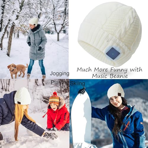 Wireless Music Hat Men Women Beanie Girls Hat Over Ear Headset Sports Stereo Headphone with Microphone Speaker Womens Beanie Cap - color: Knit White
