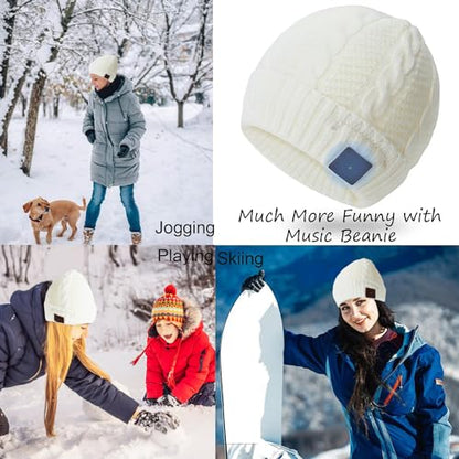 Wireless Music Hat Men Women Beanie Girls Hat Over Ear Headset Sports Stereo Headphone with Microphone Speaker Womens Beanie Cap - color: Knit White