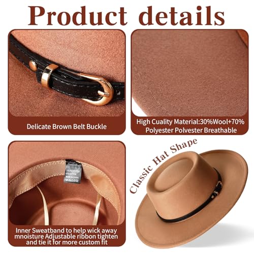 JaGely Hats Felt Hat for Women with Belt - color: Khaki, Black, Brown, Beige With Black Belt
