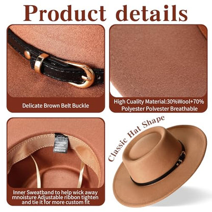 JaGely Hats Felt Hat for Women with Belt - color: Khaki, Black, Brown, Beige With Black Belt
